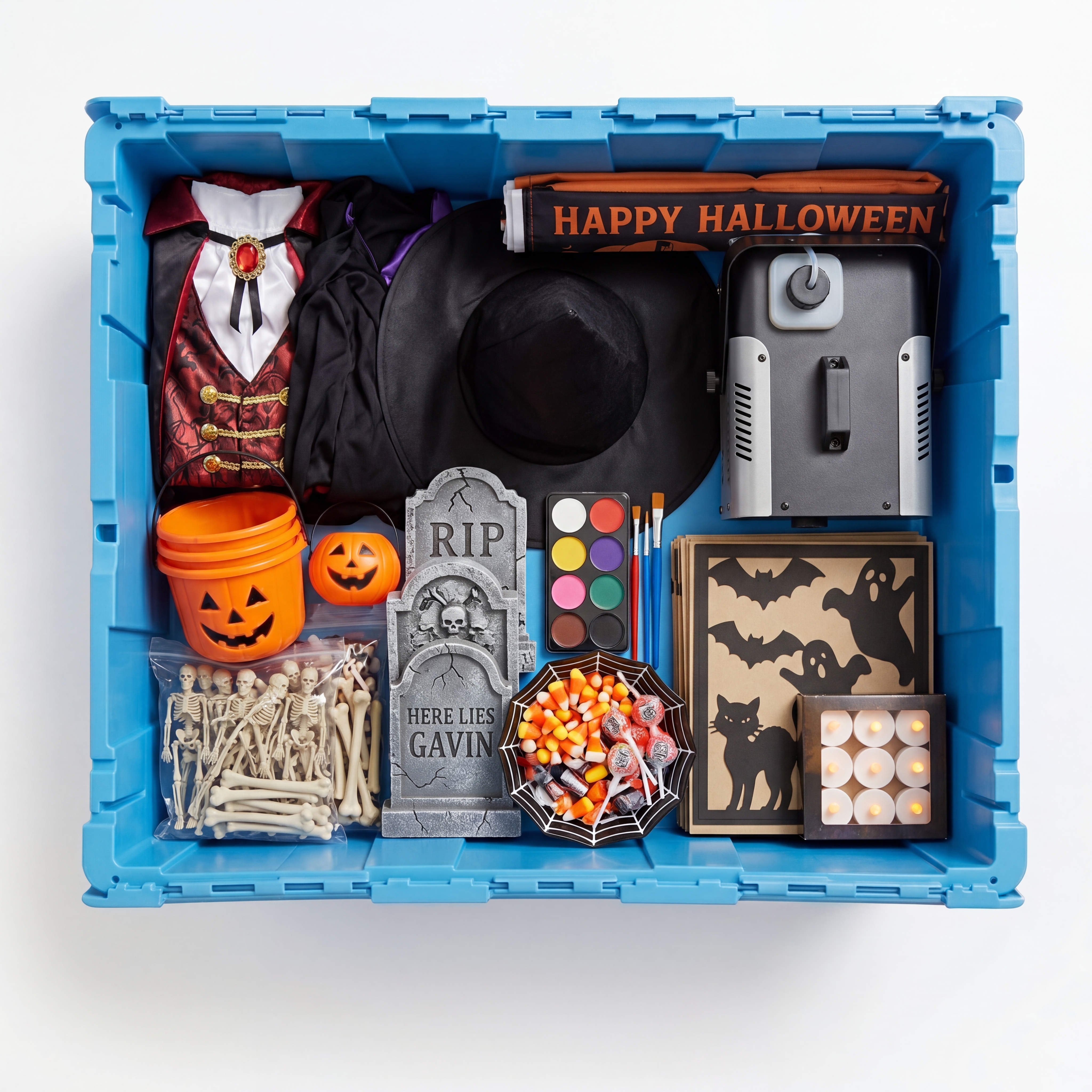 Halloween decorations stored in a Fort Lox box